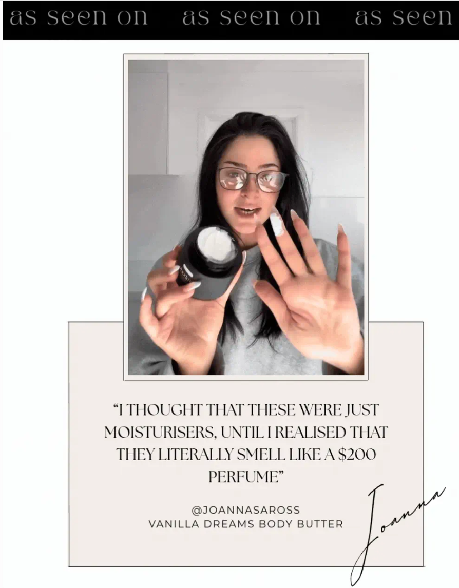 Person holding Vanilla Dreams body butter with a quote and branding information.